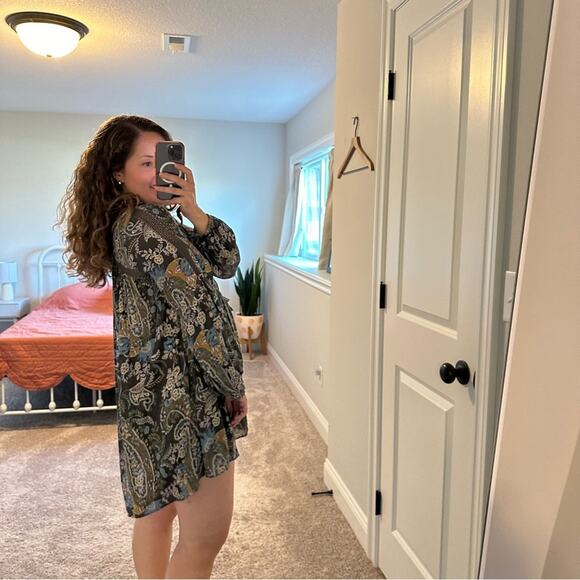 Free People Green Floral Lace Front Long Sleeve Mini Dress Small - Picture 2 of 14